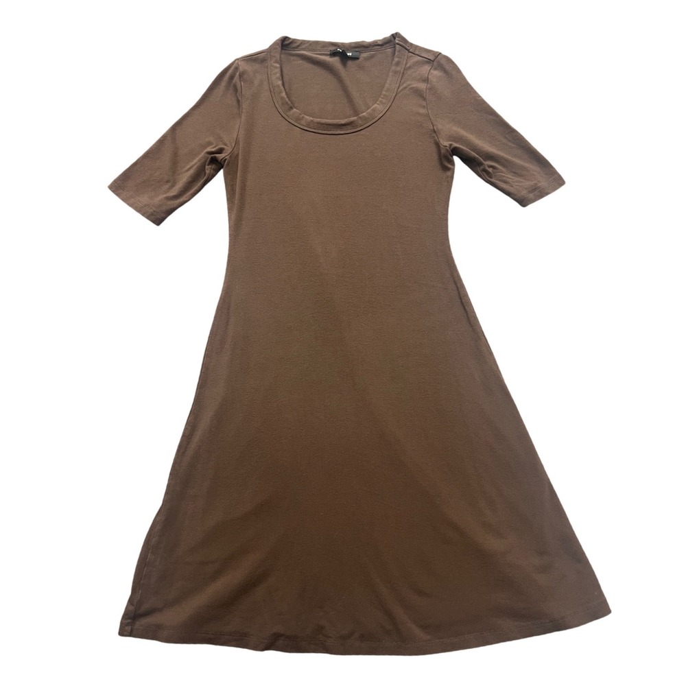 Premise Dresses Brown Scoop Neck Elbow Sleeve A-Line Midi Dress XS Earth Tone